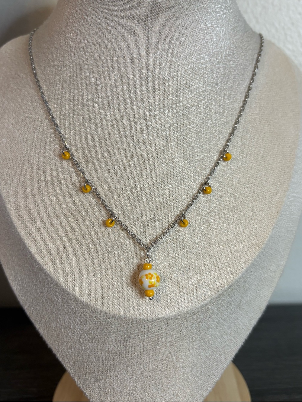 Handmade Yellow Floral Porcelain Charm Necklace | Waterproof & Tarnish Resistant